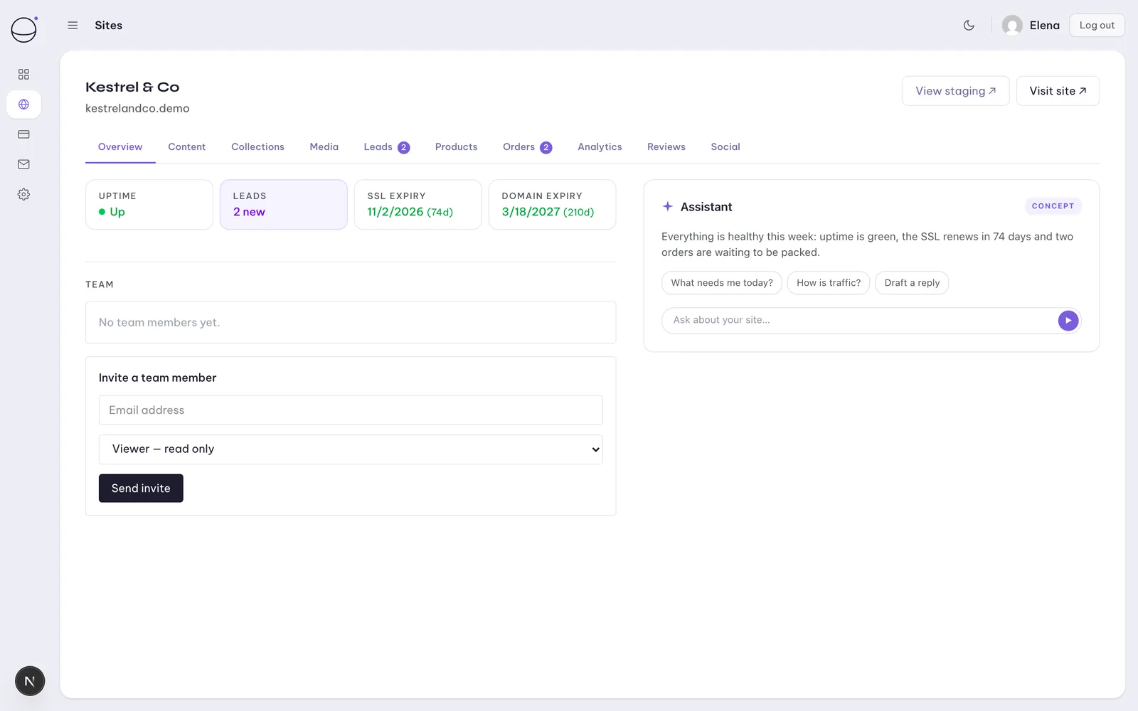 Orbit portal: the overview tab, with uptime, SSL, leads and team